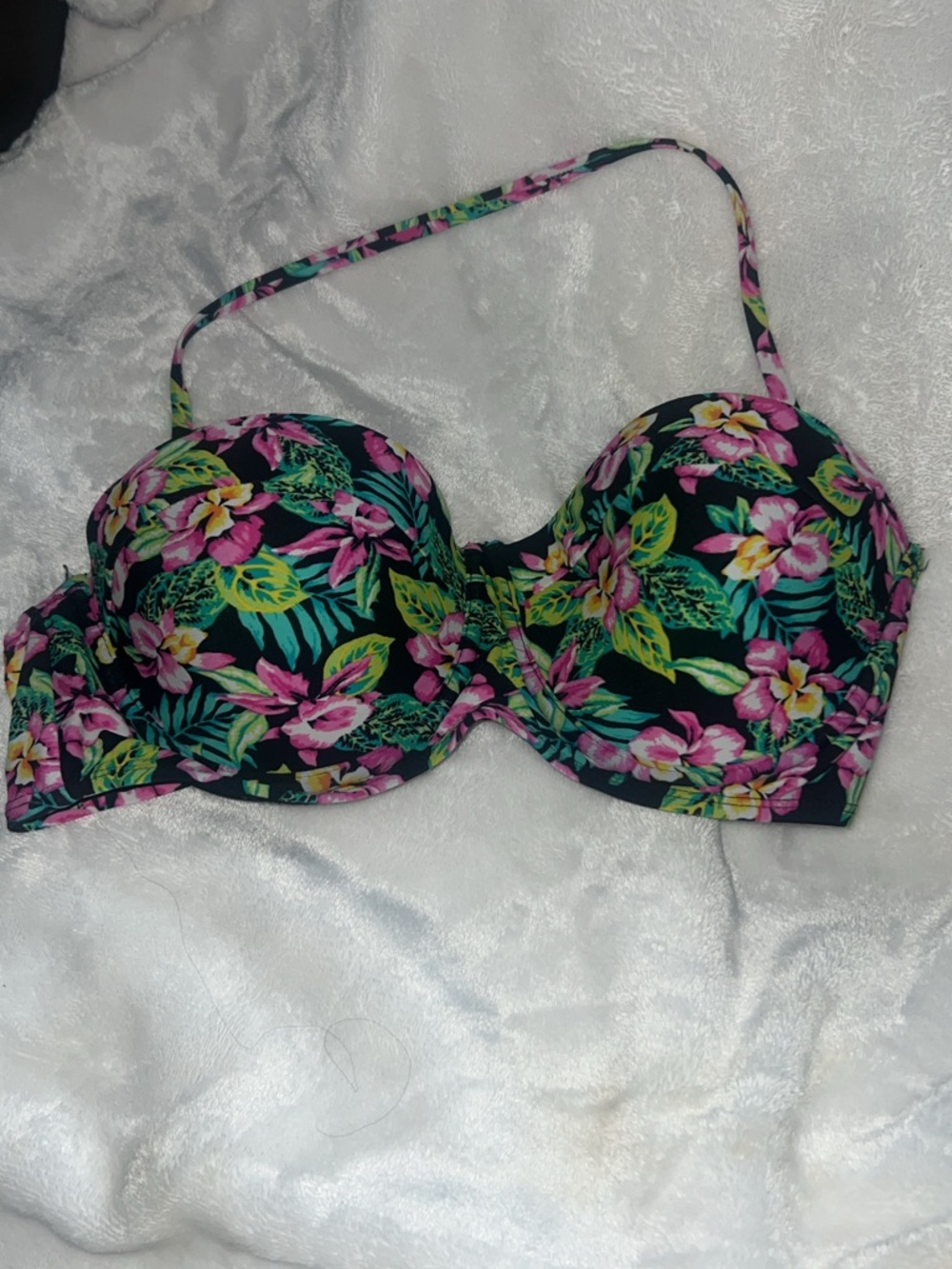 Tropical Floral Molded Cup Bikini Top - Black with Pink & Green